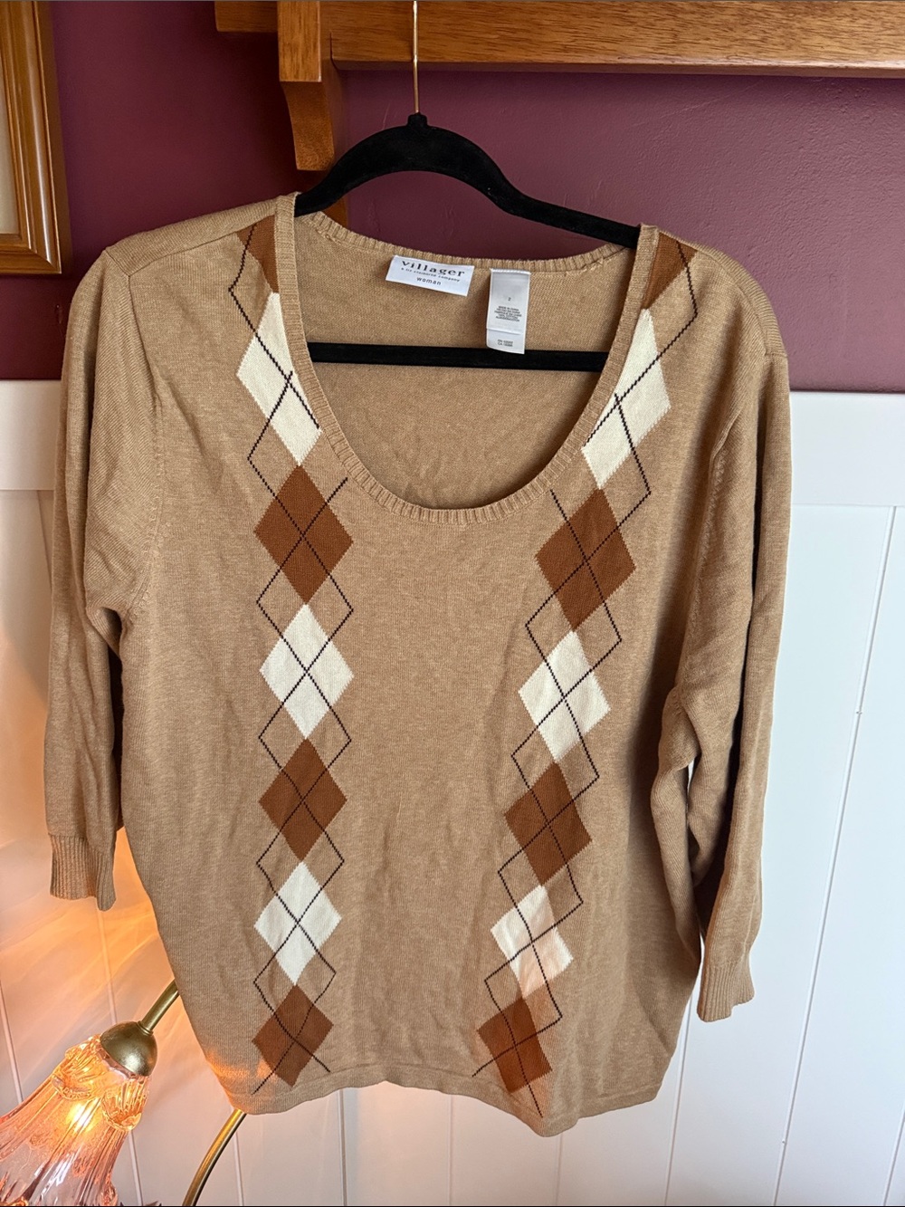 villager Camel Argyle Scoop Neck Sweater